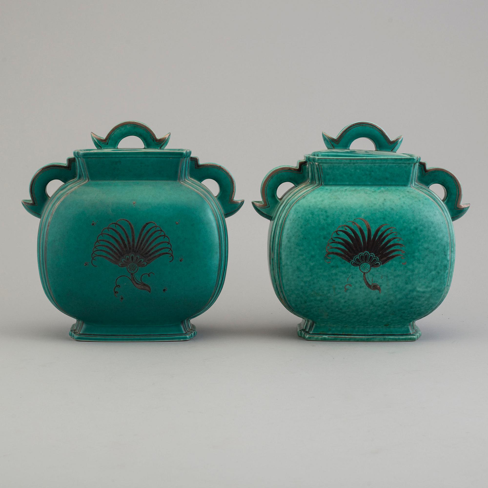 Two stonware 'Argetna" lidded vases by Wilhelm Kåge for Gustavsberg.
