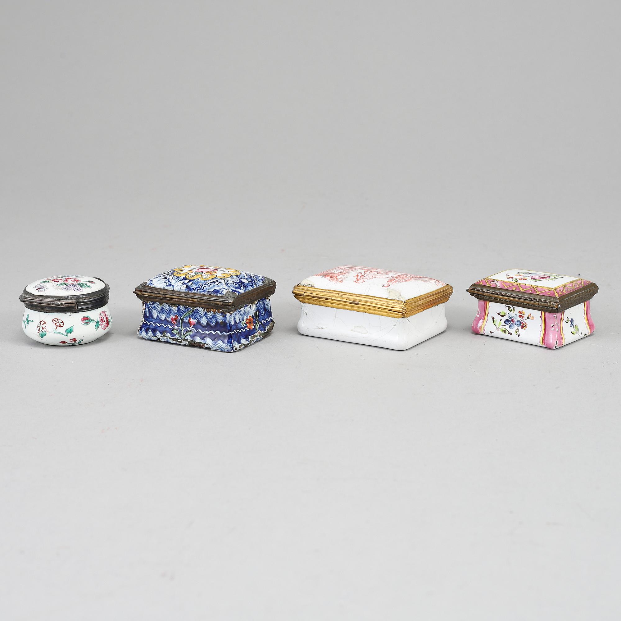 A mixed lot of four 18th century enamel snuff boxes.