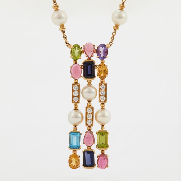 A Bulgari necklace "Allegra" in 18K gold set with coloured stones, cultured pearls and diamonds.