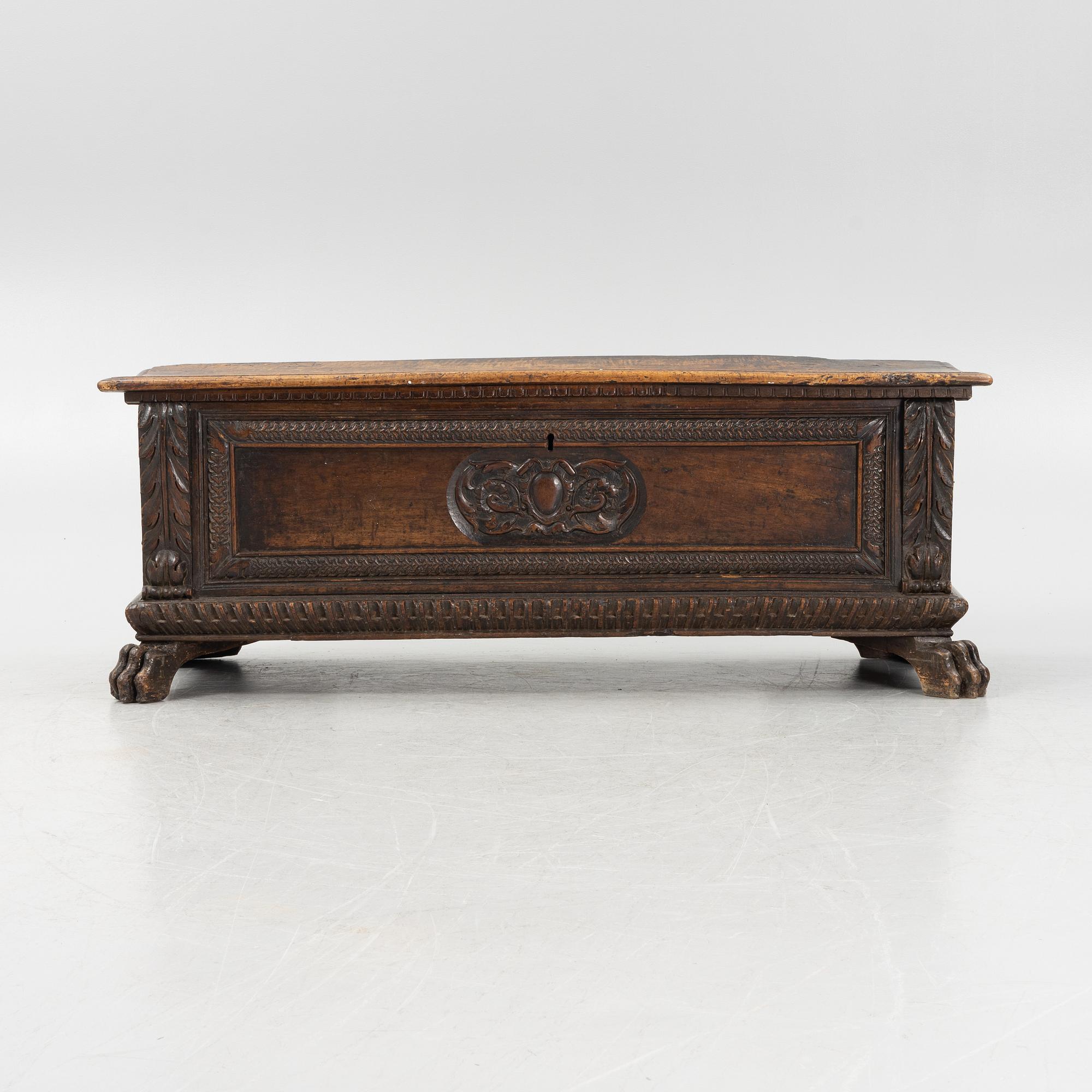 A renaissance style cassone, 19th century with older parts.