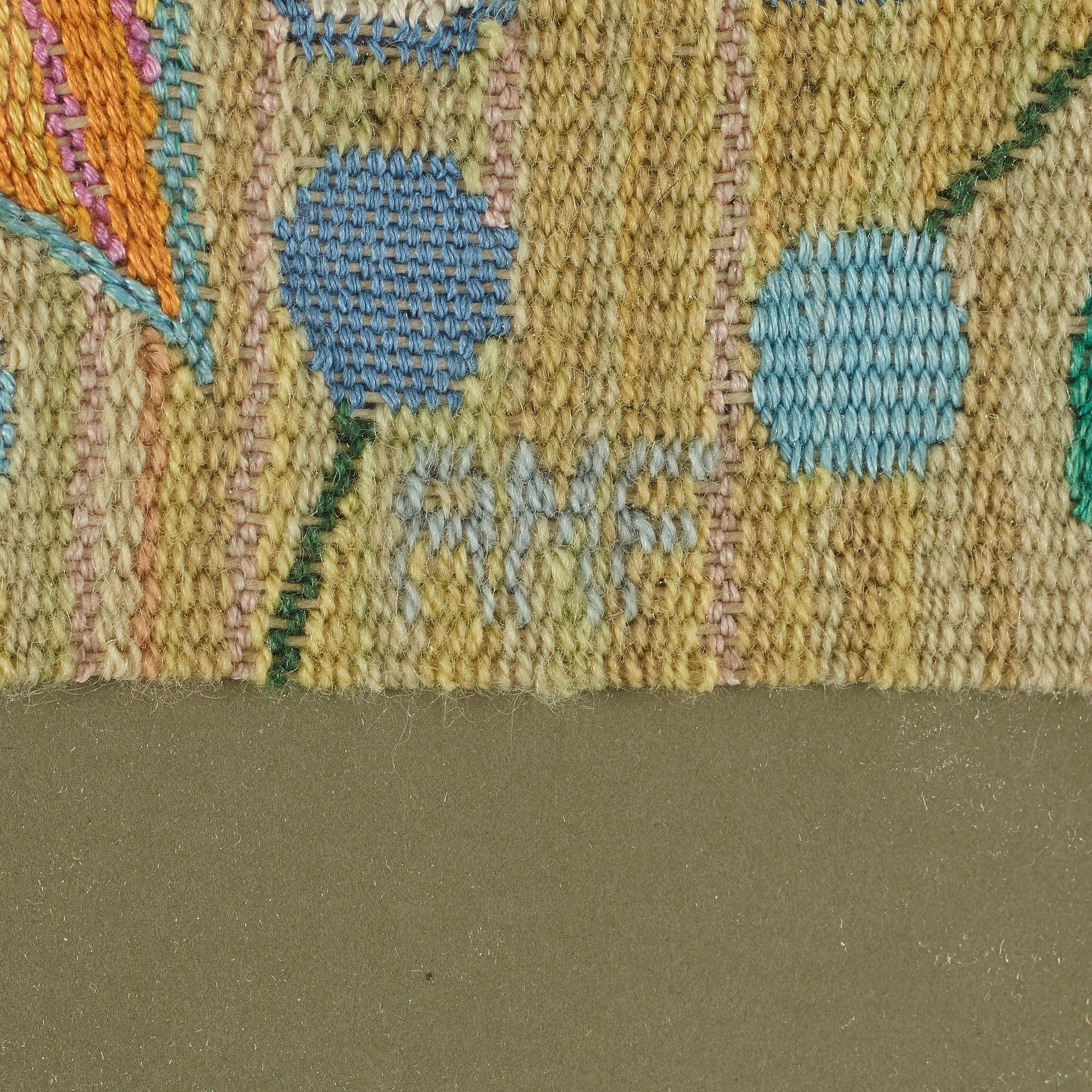 Ann-Mari Lindbom, gift Forsberg, A TEXTILE, "Bilöpare", a tapestry variant, ca 27,5 x 30 cm, signed AMF, framed (with the frame ca 44 x 43,5 cm).