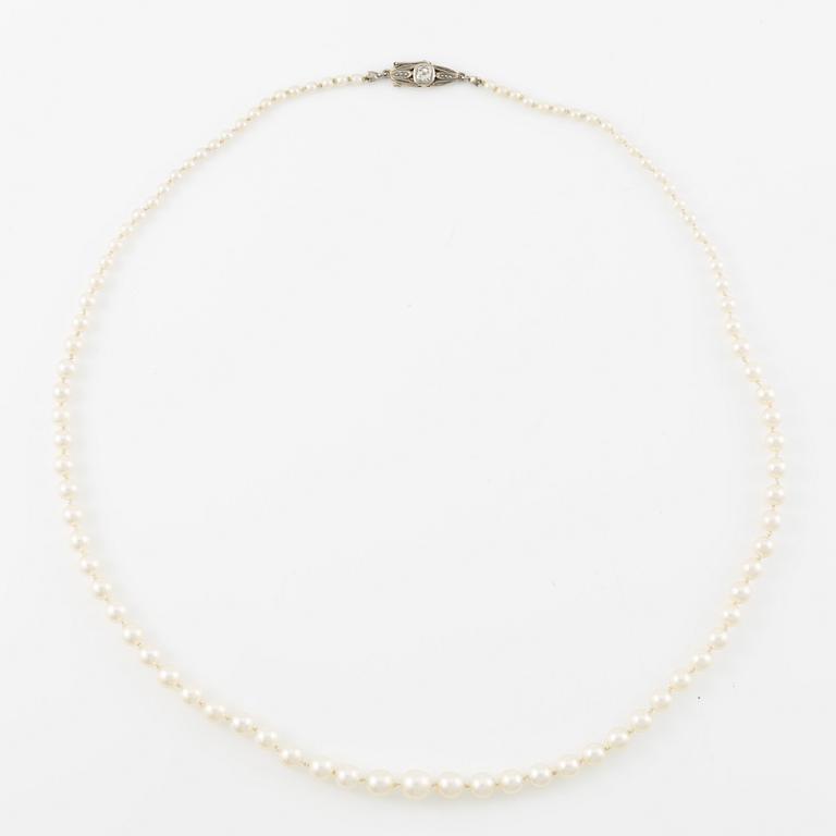 Necklace of cultured pearls with an old-cut diamond clasp in 18K gold.