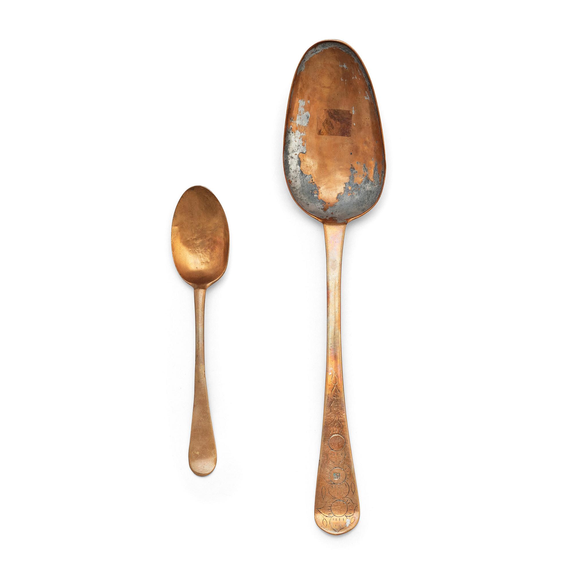 Two late Gustavian brass spoons by I Gråsten (1770-1821) Wedevågs bruk, Sweden.