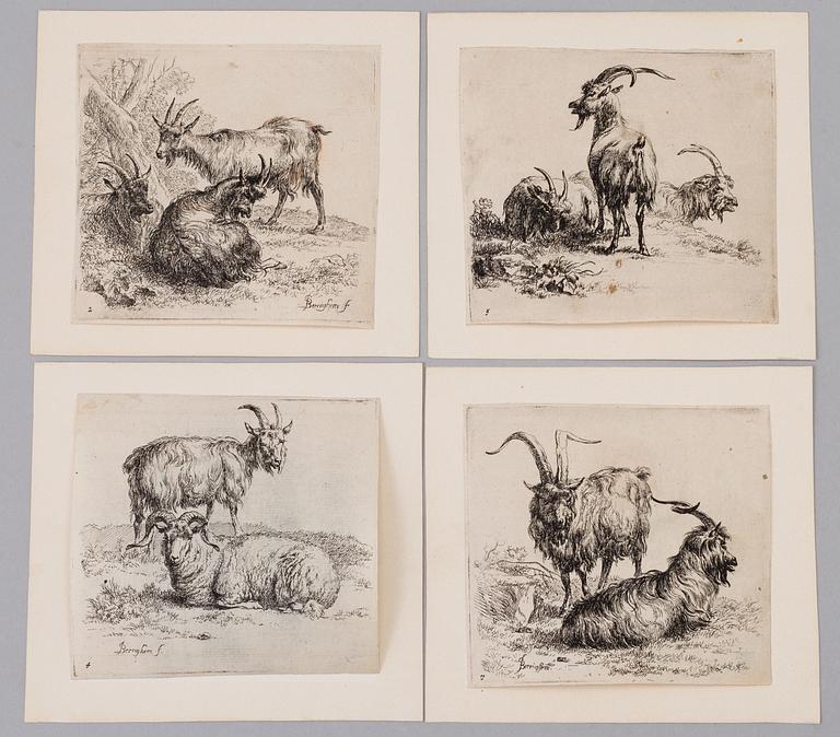 NICOLAES BERCHEM, 8 copper engravings, probably 18th century.