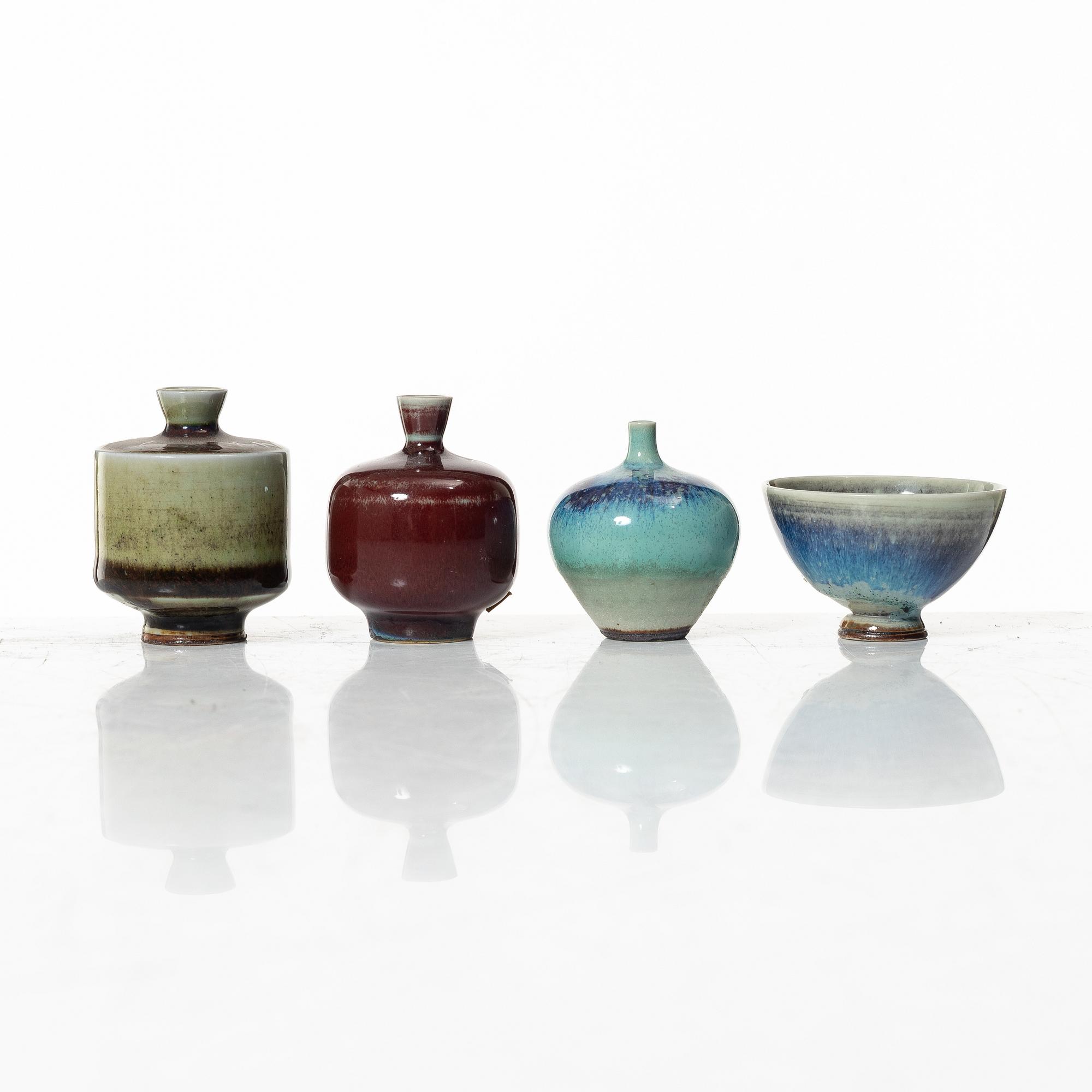 Berndt Friberg, miniature vases, four pieces, stoneware, Gustavsberg Studio 1970-1972.