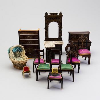 A set of ca 40 pieces of doll house furniture and accessories, including Waltershausen, Germany, 19/20th century.