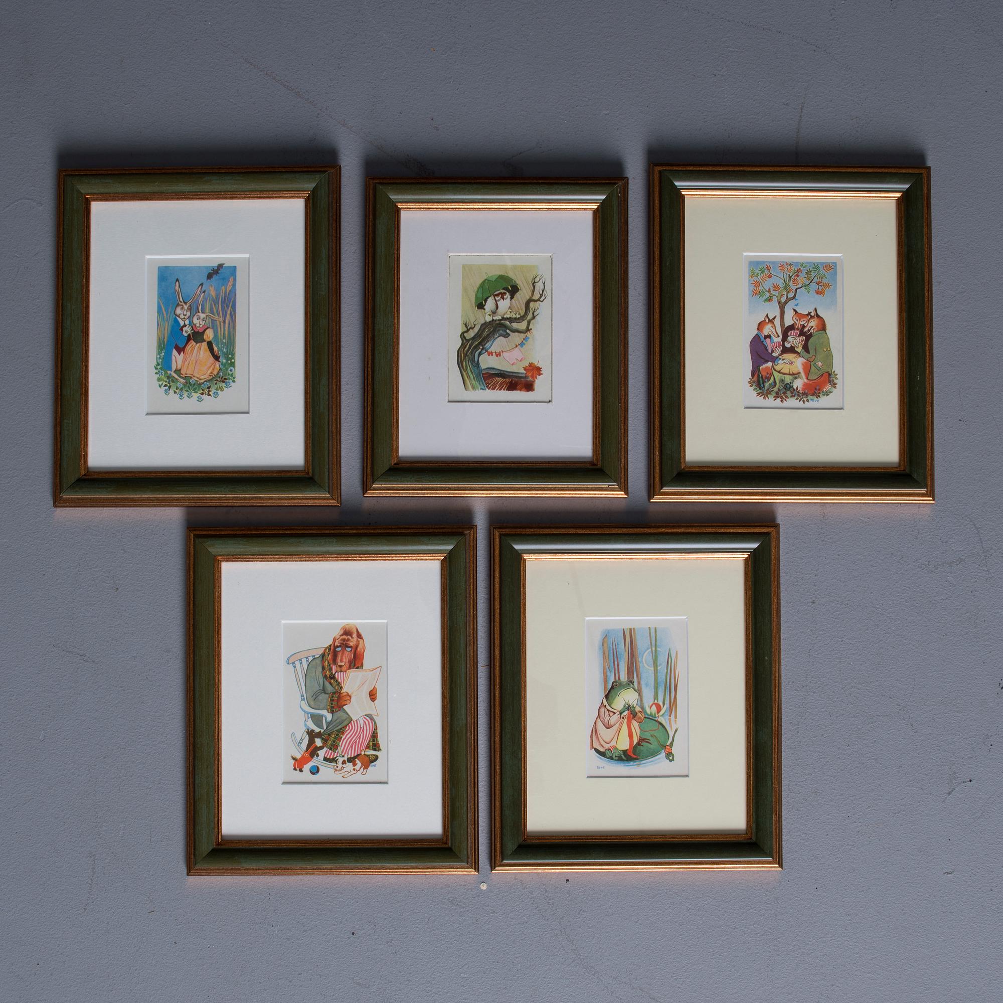 KONSTVYKORT, 5 st, efter Tove Jansson, fyra st med synlig signering i trycket, Taidekorttikeskus 1940-tal.