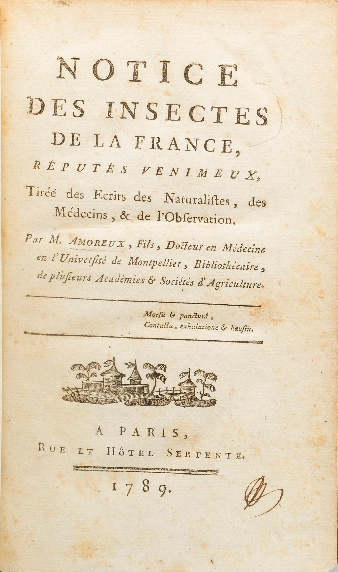 NOTICE DES INSECTES DE LA FRANCE... AV PIERRE JOSEPH AMOREUX PARIS 1789.