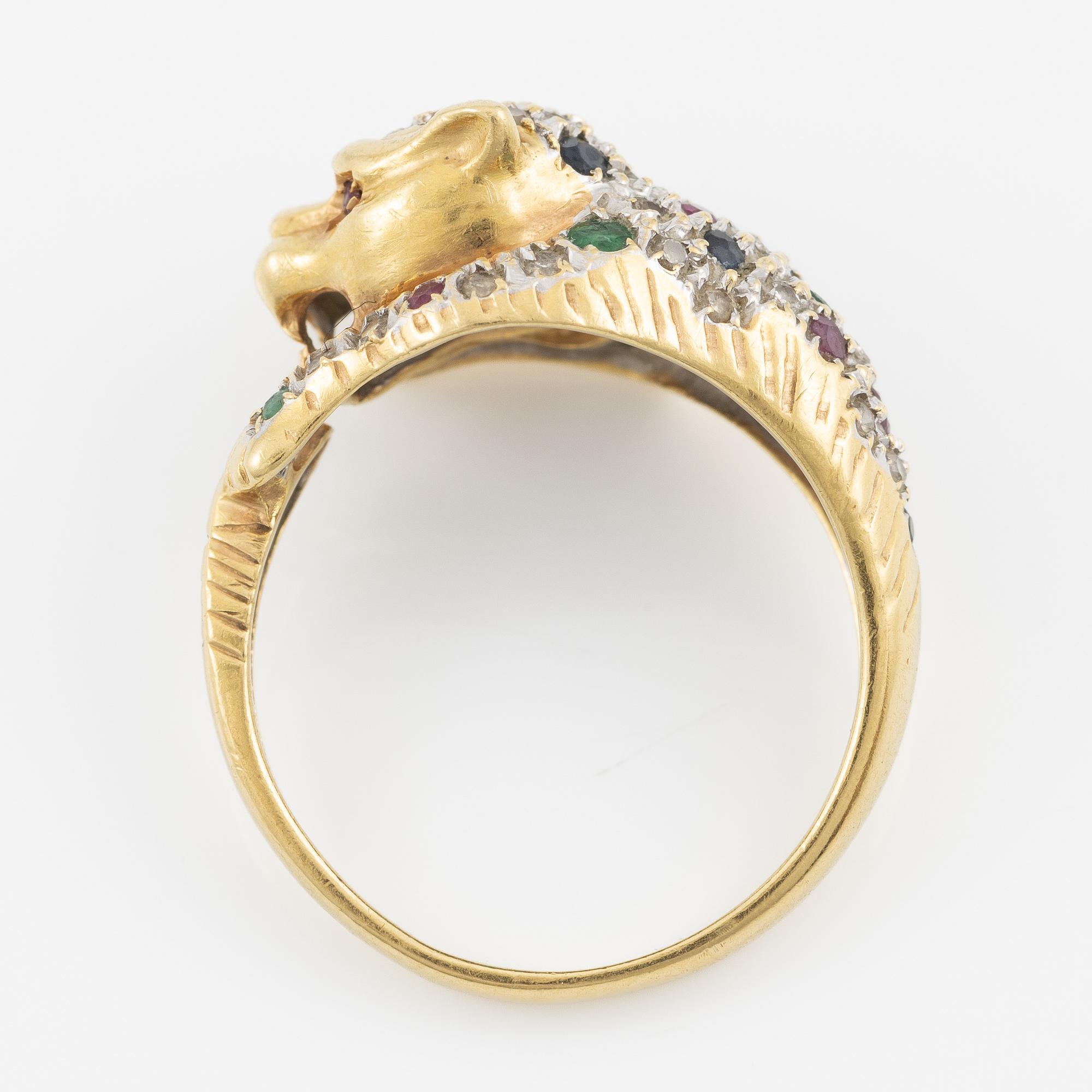 Ring, in the form of a panther, 18K gold with diamonds, sapphires, rubies, and emeralds.