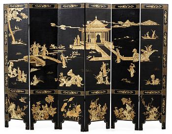A six panel lacquer screen, Qing dynasty (1644-1911).
