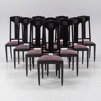 Ten carved oak chairs, Myrstedt & Stern A.-B., Stockholm, early 20th Century.