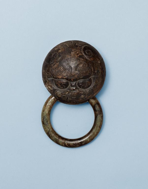 An archaistic mascaron with ring handle, presumably Qing dynasty.