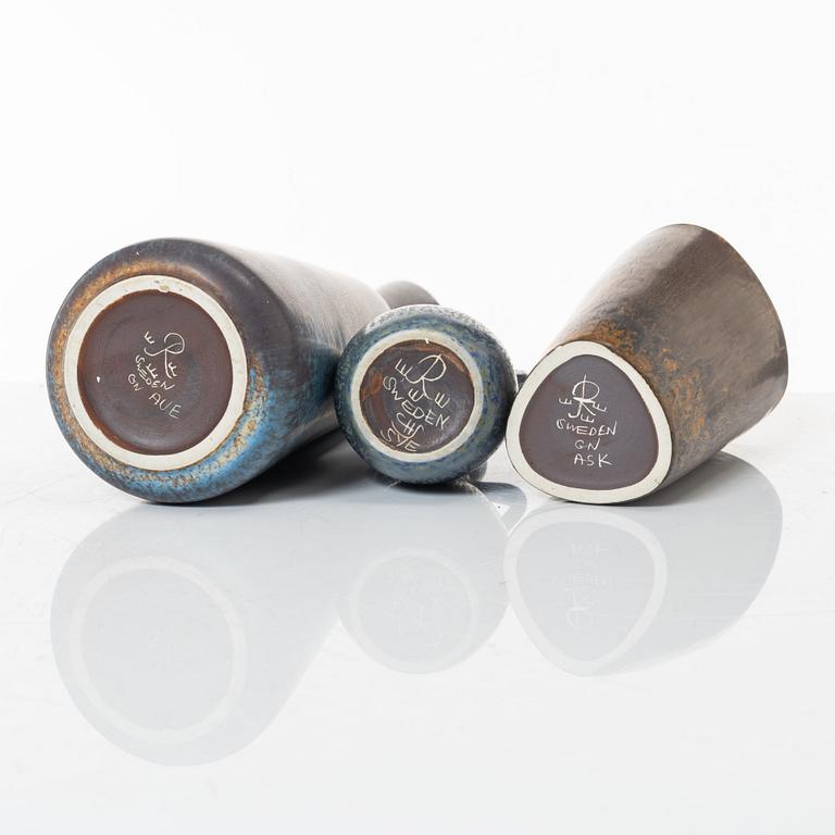 Carl-Harry Stålhane and Gunnar Nylund, two stoneware pitchers jugs and a vase, Rörstrand.