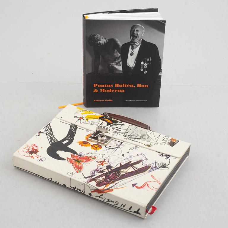 two books, Jean Tinguely, after, "Méta", and "Pontus Hultén, Hon & moderna".
