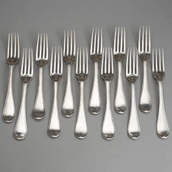 MATGAFFLAR, silver, 12 st, G Hamqvist, Åmål, 1808-1809. Tot vikt ca 846 gram.