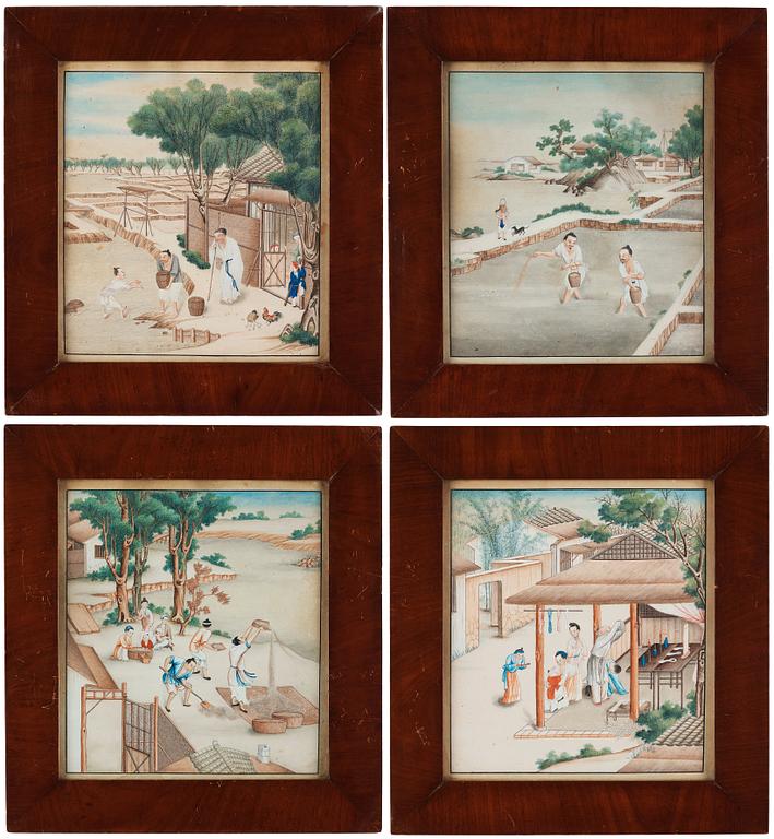 A set of four paintings by unknown Chinese artist, Qing dynasty, 19th Century.