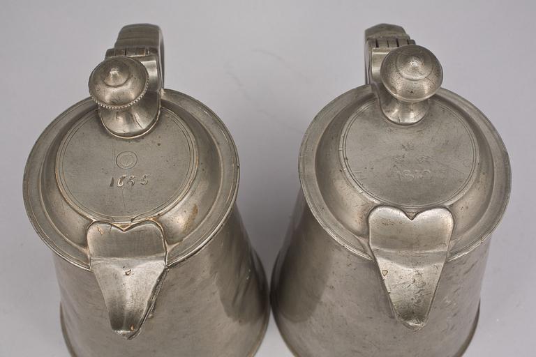 SKÄNKSTOP, 2 st. Tenn, svenska mästare. 1800-tal.