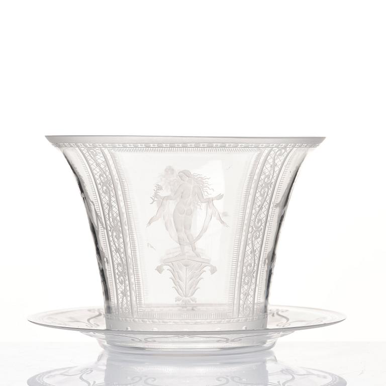 Simon Gate, an glass bowl with plate, Orrefors 1924, engraved by Karl Müller.