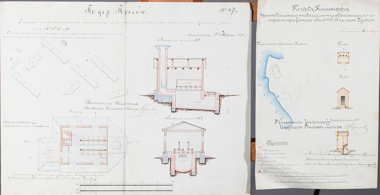 ARKITEKTRITNING, 2 st, akvareller, daterade 1879 och 1895.