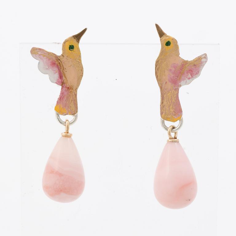 Mandelstam hummingbird earrings in silver and 18K gold, enamel and pink opal.