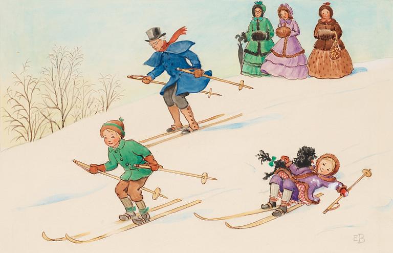 Elsa Beskow, Petter och Lotta åker skidor med Farbror Blå.