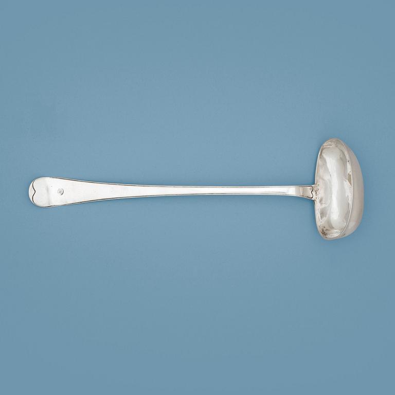 A Swedish 18th century silver soup-ladle, marked Jacob Lampa, Stockholm 1780.