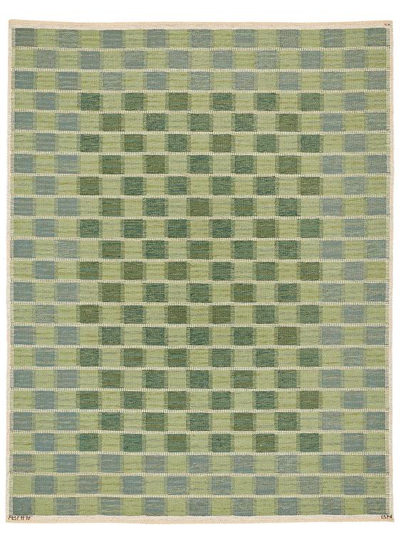 Barbro Nilsson, A CARPET, Schackrutan grön", flat weave, ca 267 x 206,5 cm, signed AB MMF BN.