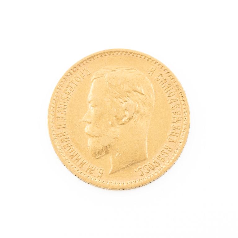 Gold coin, Nicholas II, Russia, 5 Rubles, 1900.
