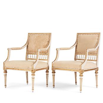 58. A pair of Gustavian open armchairs by J. Lindgren (master in Stockholm 1770-1800).