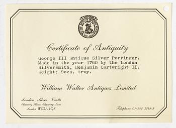 An English silver porringer, mark of Benjamin Cartwright I, London 1760.