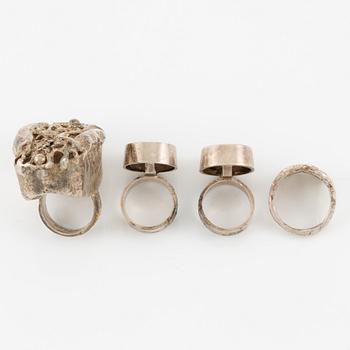 Lars Arby, four rings, sterling silver and enamel, Gothenburg 1966 and 1976.