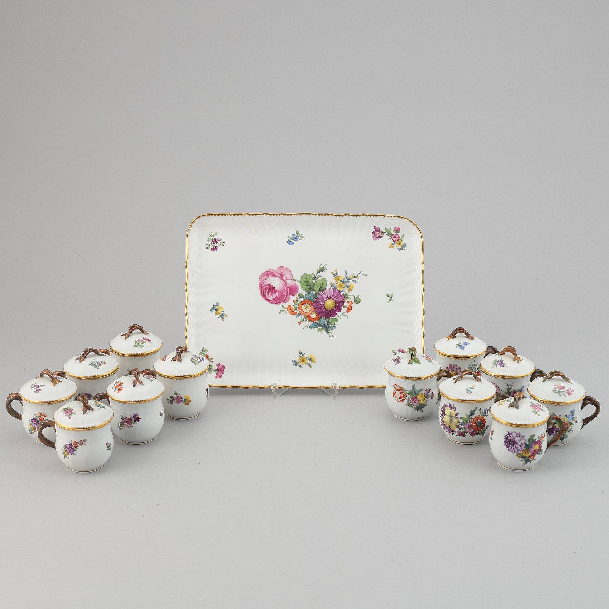 Twelve cream cups with tray, 'Saxon flowers' from Royal Copenhagen.