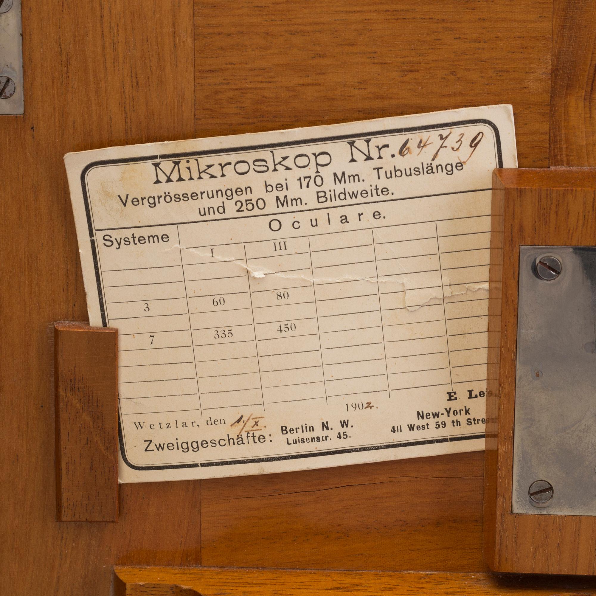 A microscope, signed E. Leitz, Wetzlar, marked and dated label Nr. 64739, 1902.