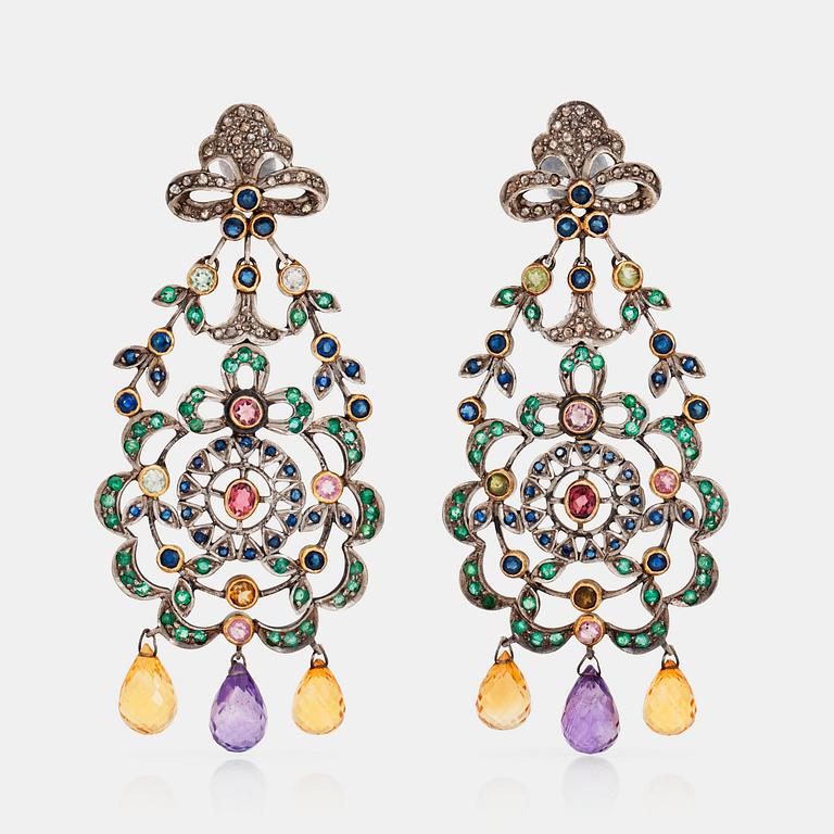 A pair of citrine, amethyst, emerald, sapphire, tourmaline and rose-cut diamond earrings.