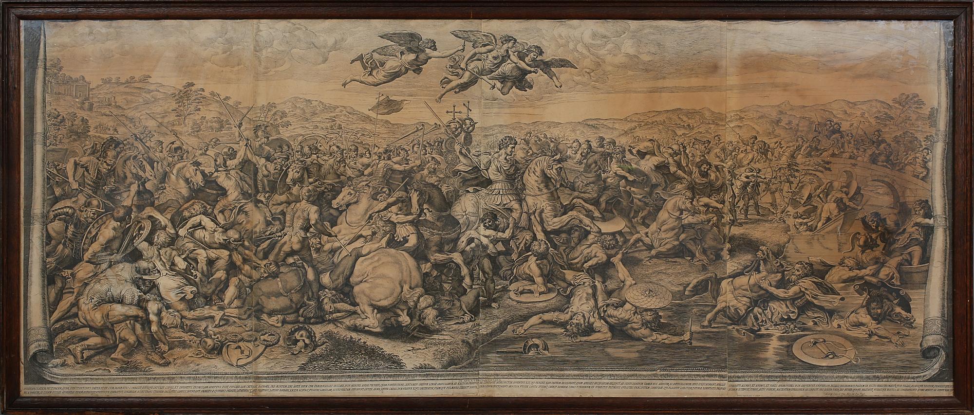 Pietro AQUILA, kopparstick, La Battaglia di Ponte Milvio (da Raffaello), 1600-talet.