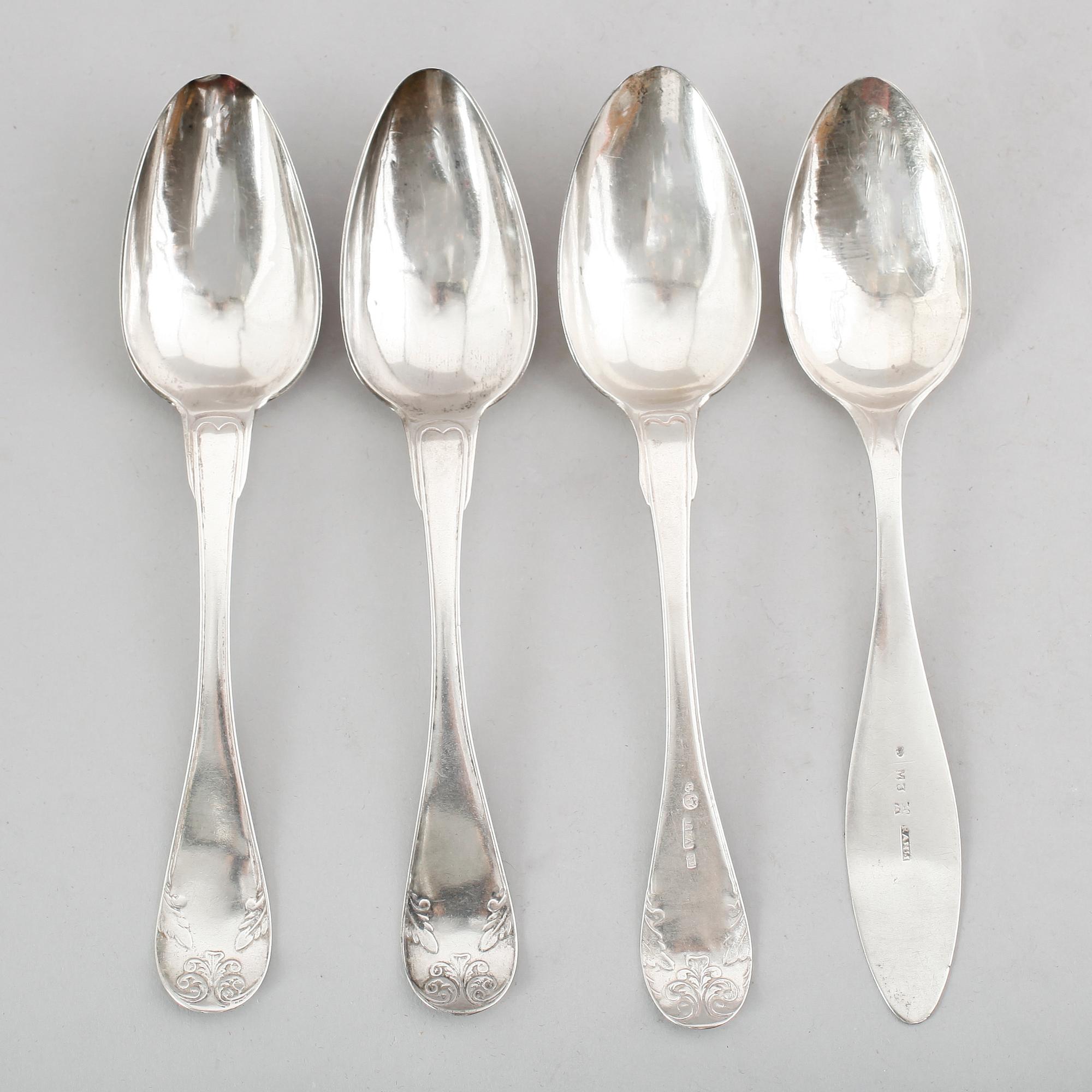 SKEDAR, 4 st, (3 +1), silver, svenska stämplar, 1800-tal. Vikt ca 185 gram.