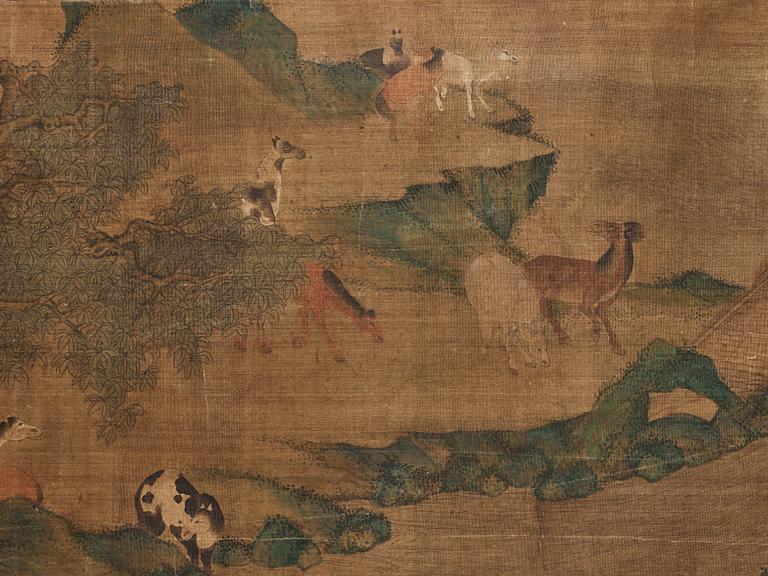 A long scroll painting after Zhao Yong (Zhao Zhongmu 1289-1369), ink and colour on paper and on silk, Qing dynasty.