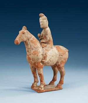 A painted pottery figure of an equestrian  standard-bearer, Tang dynasty (618-907 AD.).