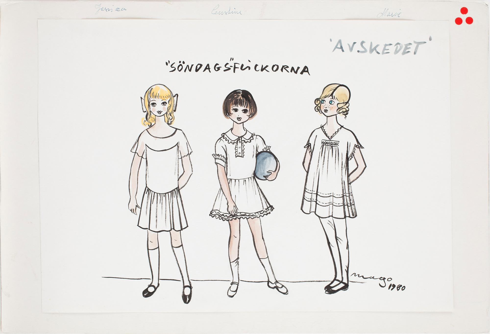MAX GOLDSTEIN (MAGO), kostymskisser, 12 st, för "Avskedet" Regi Tuija-Maija Niskanen, 1981. Vissa signerade.