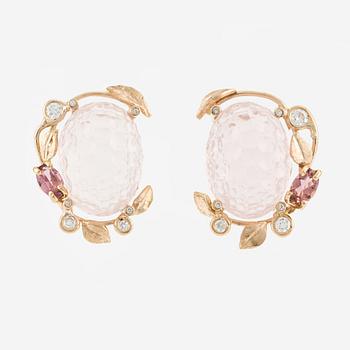 Earrings "honey comb" with cut rose quartz, pink tourmaline, and brilliant-cut diamonds.