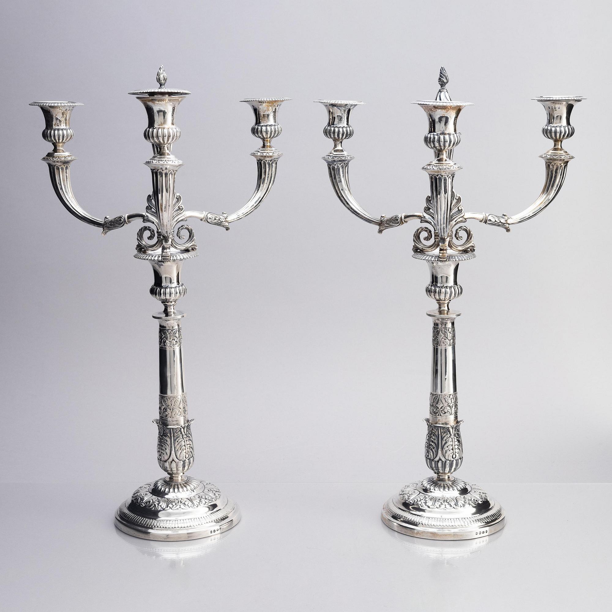 A pair of Danish 19th century silver candelabras, marks of Caspar Julius Wrom, Copenhagen 1834.
