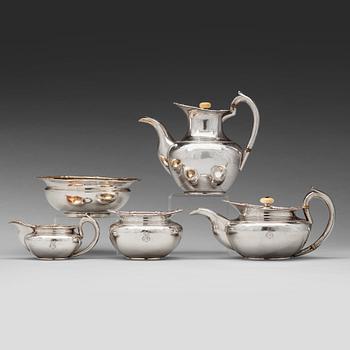 231. A Russian 19th century parcel-gilt silver tea- and coffee-set, unidentified makers mark FK, St Petersburg 1837.