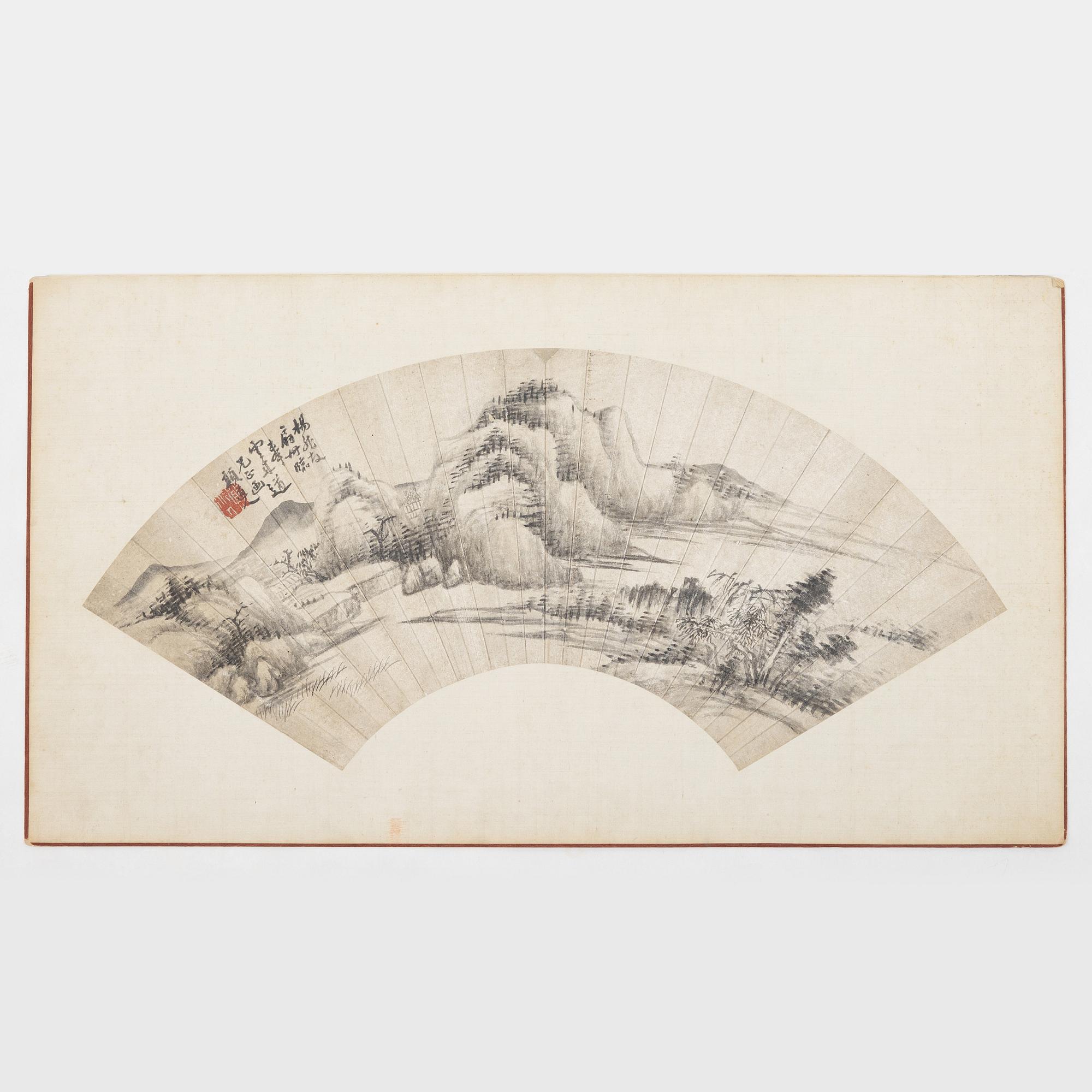 Oidentifierad konstnär, s.k. "Solfjädersmålning", Bergigt flodlandskap, Kina, 1900-tal.