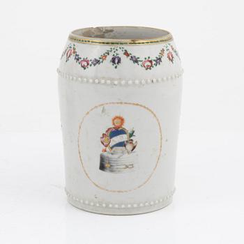 A porcelain Famille Rose Mug and three Dishes, China, Qinlong (1736-95).