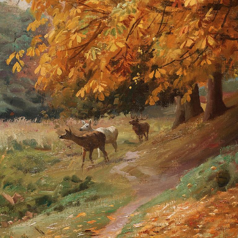 Peder Mork Mönsted, Autumn day in the forest, red deer by a lake.