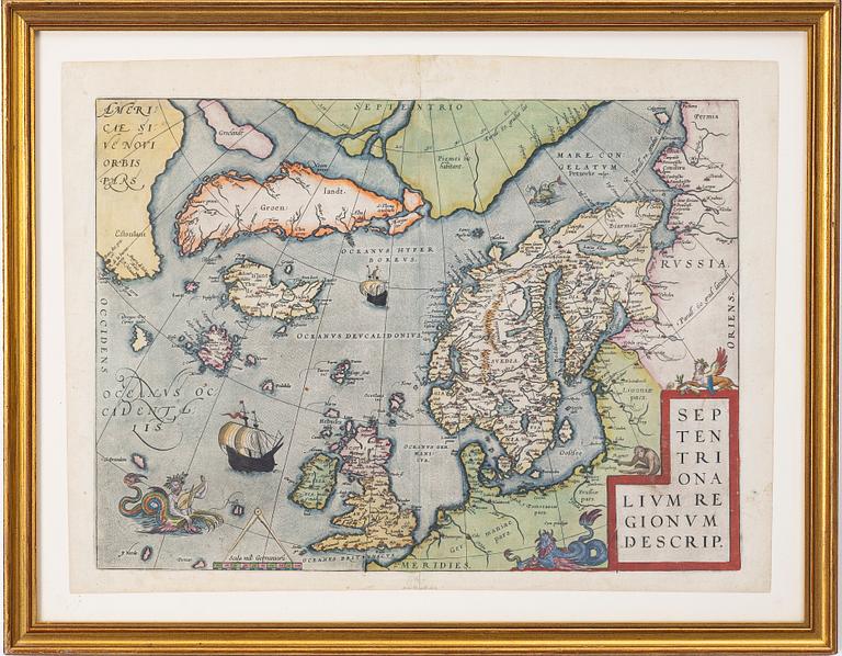 Abraham Ortelius, Map, hand-coloured copper engraving, Antwerp.