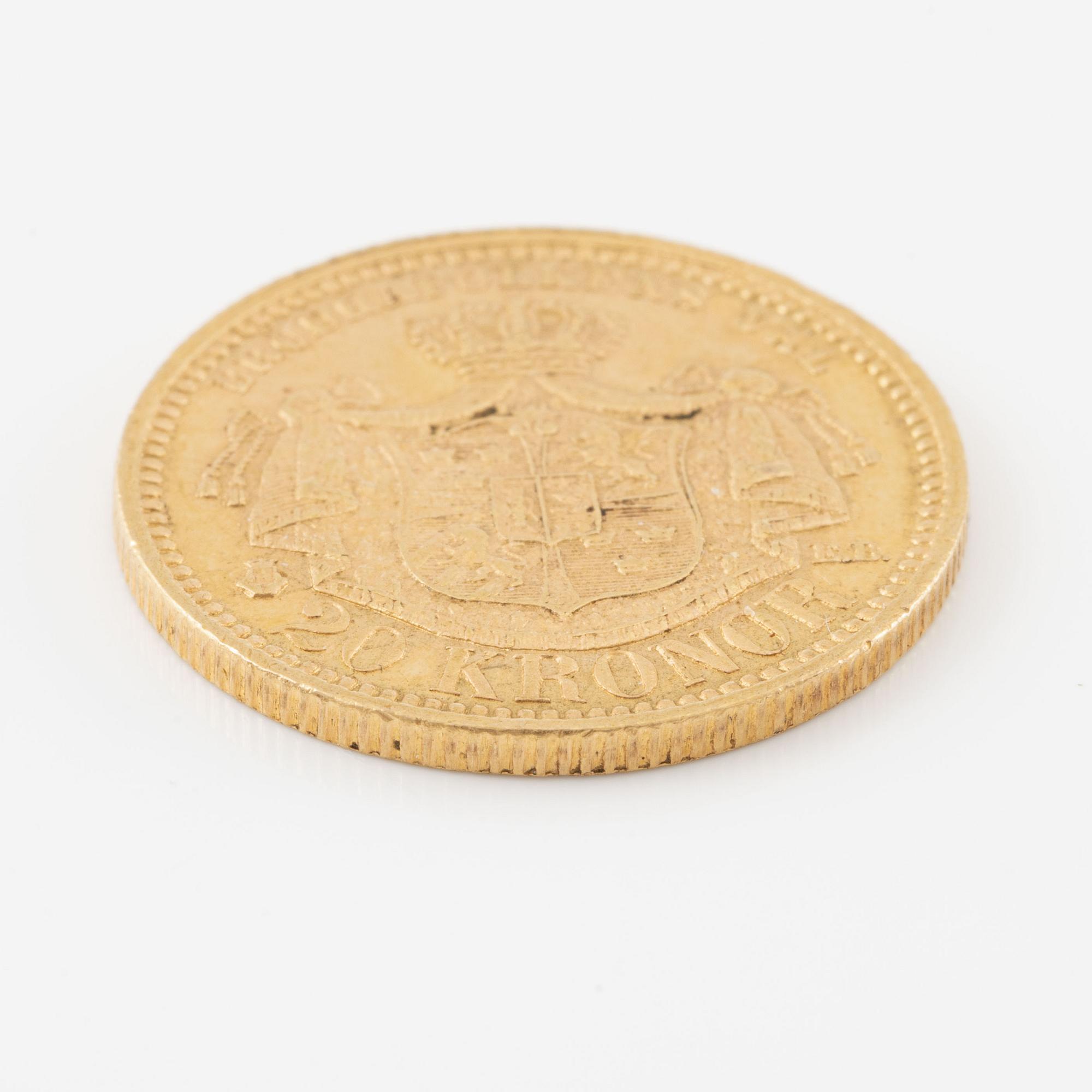 Gold coin, Sweden, Oscar II, 20 kr, 1877.