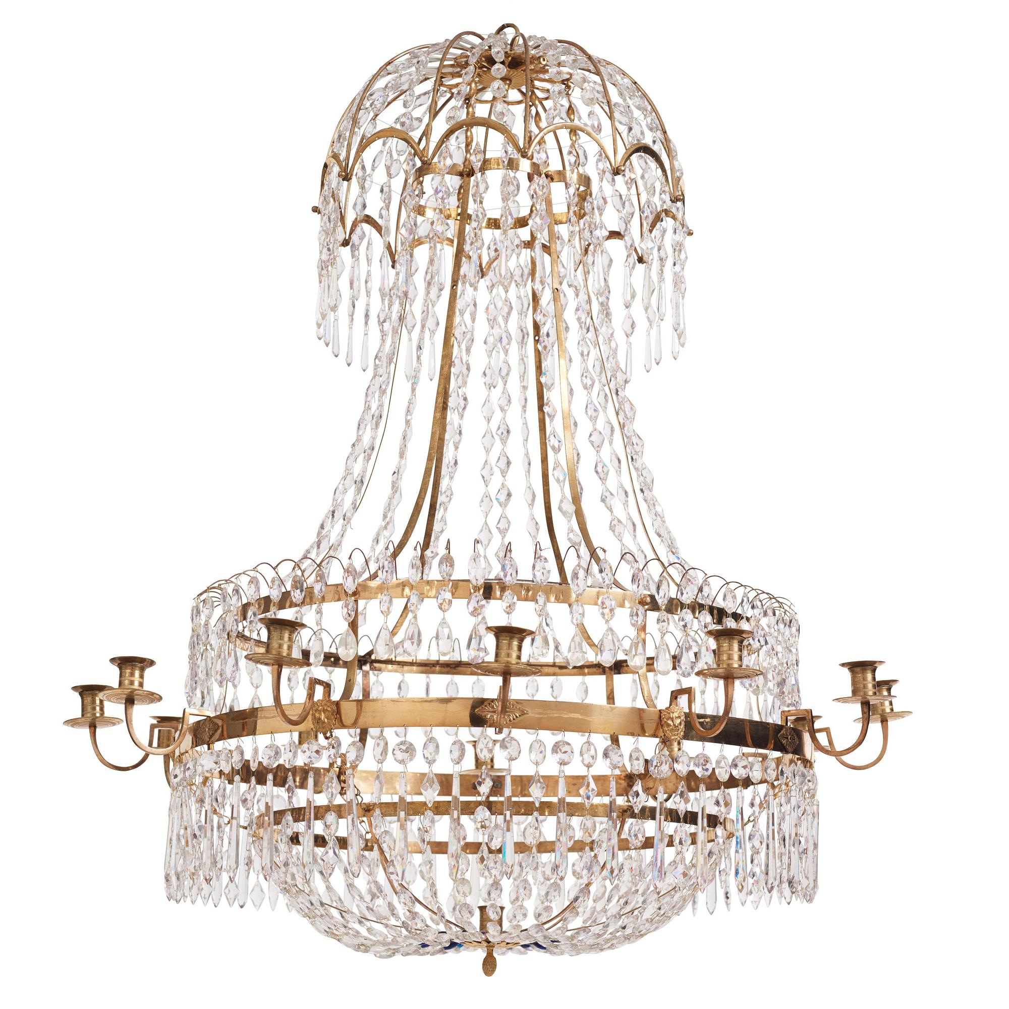 A late Gustavian gilt brass and cut glass thirteen-light chandelier, circa 1800.