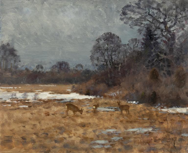 Lindorm Liljefors, Roe Deer in Spring Winter Landscape.