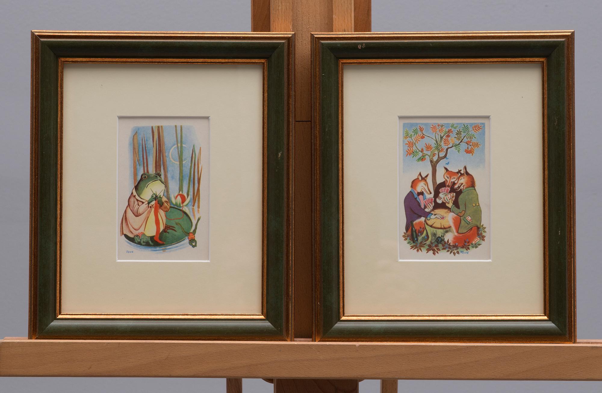 KONSTVYKORT, 5 st, efter Tove Jansson, fyra st med synlig signering i trycket, Taidekorttikeskus 1940-tal.